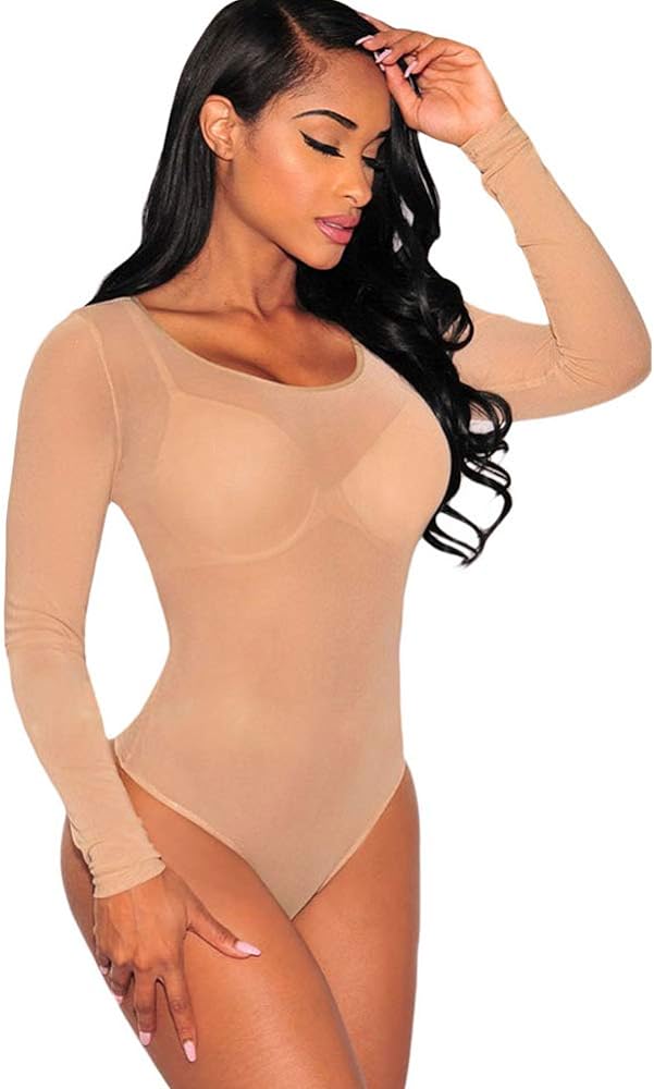 Women's Sheer Mesh Long Sleeve Bodysuit Tops See Through Jumpsuit Leotard Clubwear