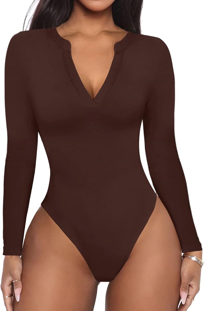 REORIA Women's Casual Sexy V Neck Long Sleeve Work Ribbed Fitted Thong Bodysuit Tops