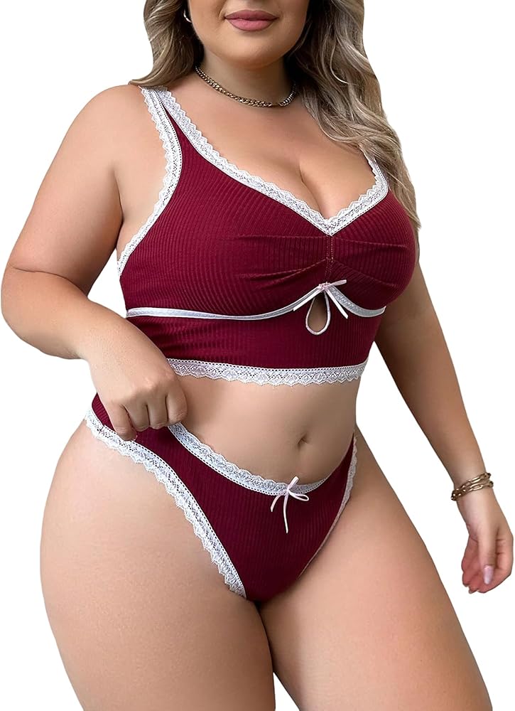 COZYEASE Women's Plus Size 2 Piece Lingerie Set Solid Comfort Lace Camisole and Panty Sets