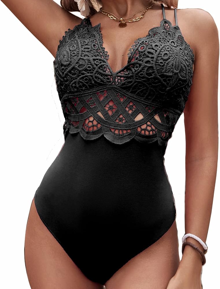 Women's Bodysuit Sexy Lace Deep V Neck Country Concert Outfits Bodysuit With Spaghetti Strap Snap Crotch Tops