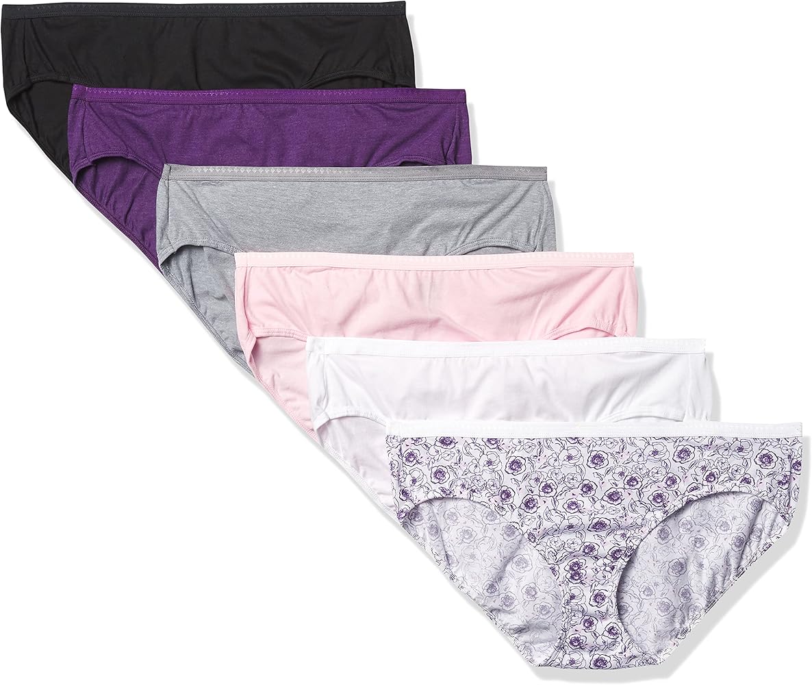 Hanes Ultimate Women's 6-Pack Breathable Cotton Hipster Panty, Sugar Flower Pink, White, Concrete PE Heather, Black, Purple Vista Heather, Purple Vista Floral Print, 5