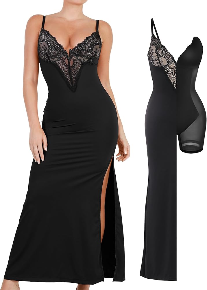 Popilush The Shapewear Dress Deep-V Neck Lace Satin Drape Slip Split Bodycon Cocktail Maxi Dresses for Women