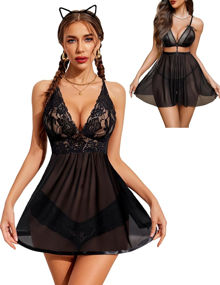 Avidlove Women Lingerie Babydoll Lace Nightgown Mesh Chemise Sheer Teddy Lingerie Black s