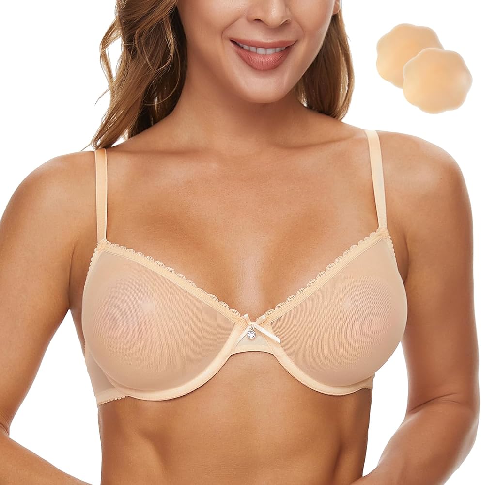 Wingslove Women's See Through Sexy Sheer Bra Unlined Underwire Support Everyday Bra with Silicone Nipple