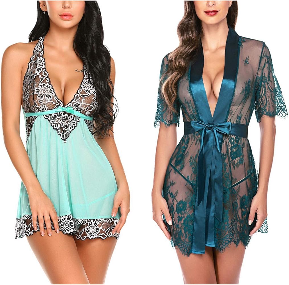 Avidlove Women Babydoll Lingerie(Green,Medium) and Women Kimono Robe(Dark Green,Medium)