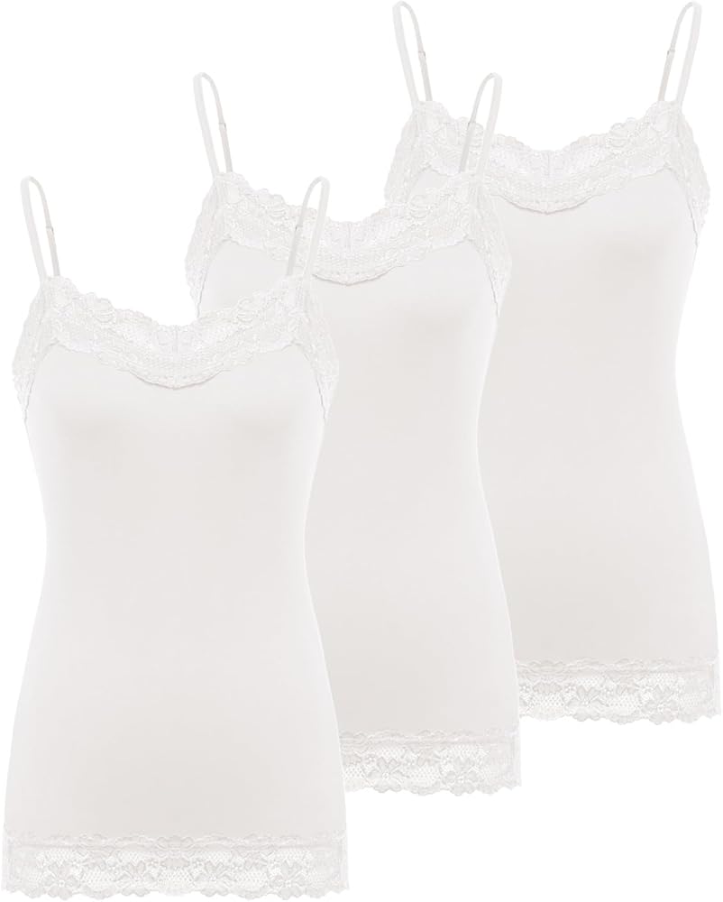 Kate Kasin Women's Adjustable Spaghetti Strap Lace Trim Cami Tunic Tank Top 3PACK