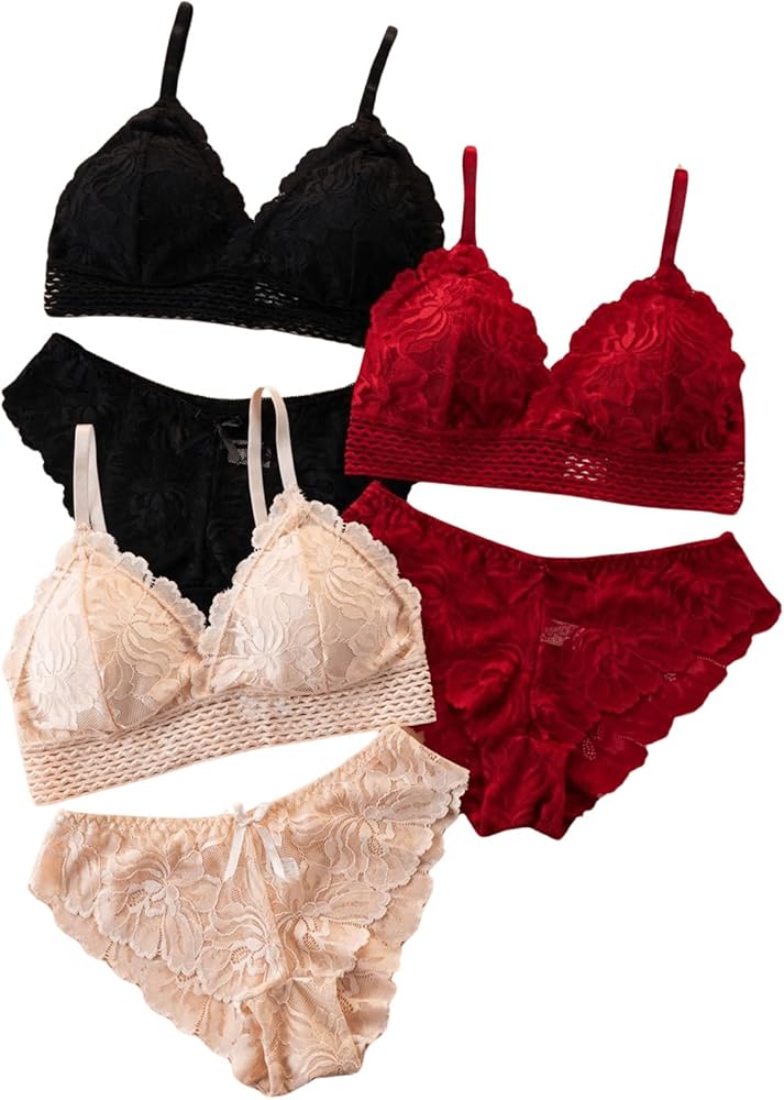 SOLY HUX Women's Lace Mesh Lingerie Set 6 Piece Push Up Bra Bralettes and Panties Set