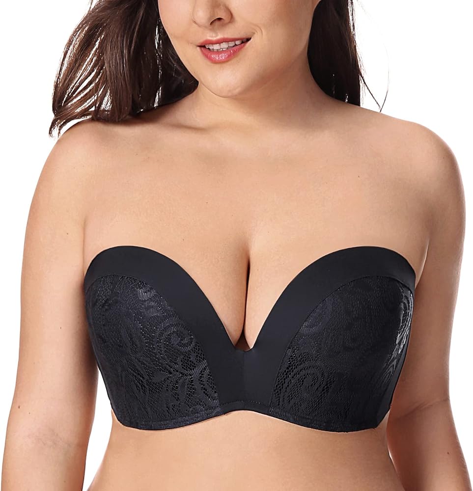 DELIMIRA Womens' Strapless Bra Plunge Push Up Lace Slightly Lined Support Plus Size