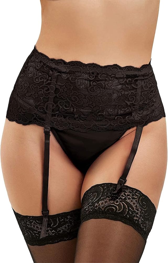 ohmydear Womens Lace Garter Belt Plus Size Suspender Belts Sexy Lingerie Panties Sets with 4 Clips for Thigh High Stockings