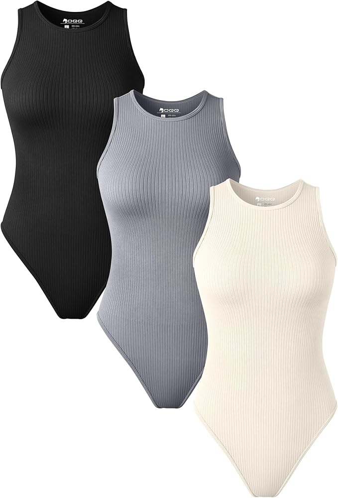 OQQ Women's 3 Piece Bodysuits Sexy Sleeveless Crew Neck Stretch Tank Tops Bodysuits