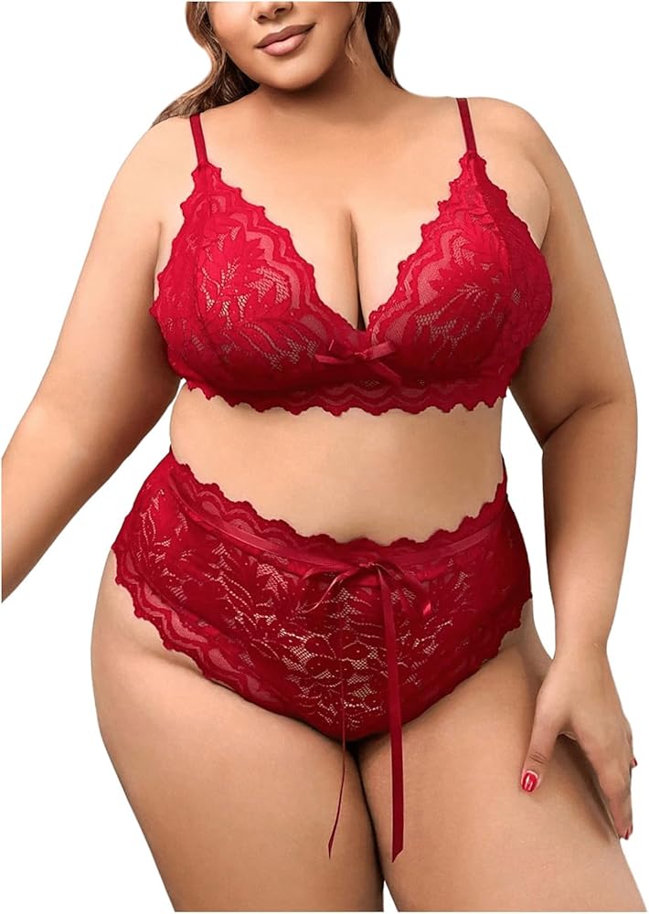 MakeMeChic Women's Plus Size Floral Lace Underwire Lingerie Sets Scallop Trim V Neck Bra and Panty Sets