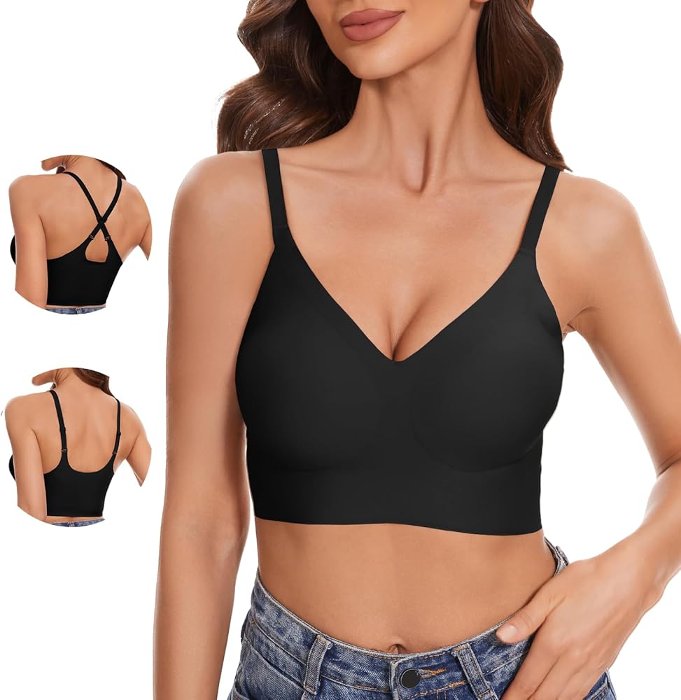 Comfortable Seamless Wireless Bra Cross Back Pull on Bras V Neck Cami Bralette with Support Sport Everyday Bra