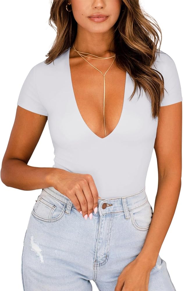 REORIA Women's Sexy Trendy Plunge Deep V Neck Short Sleeve Bodysuit Double Lined Going Out T Shirt Tops