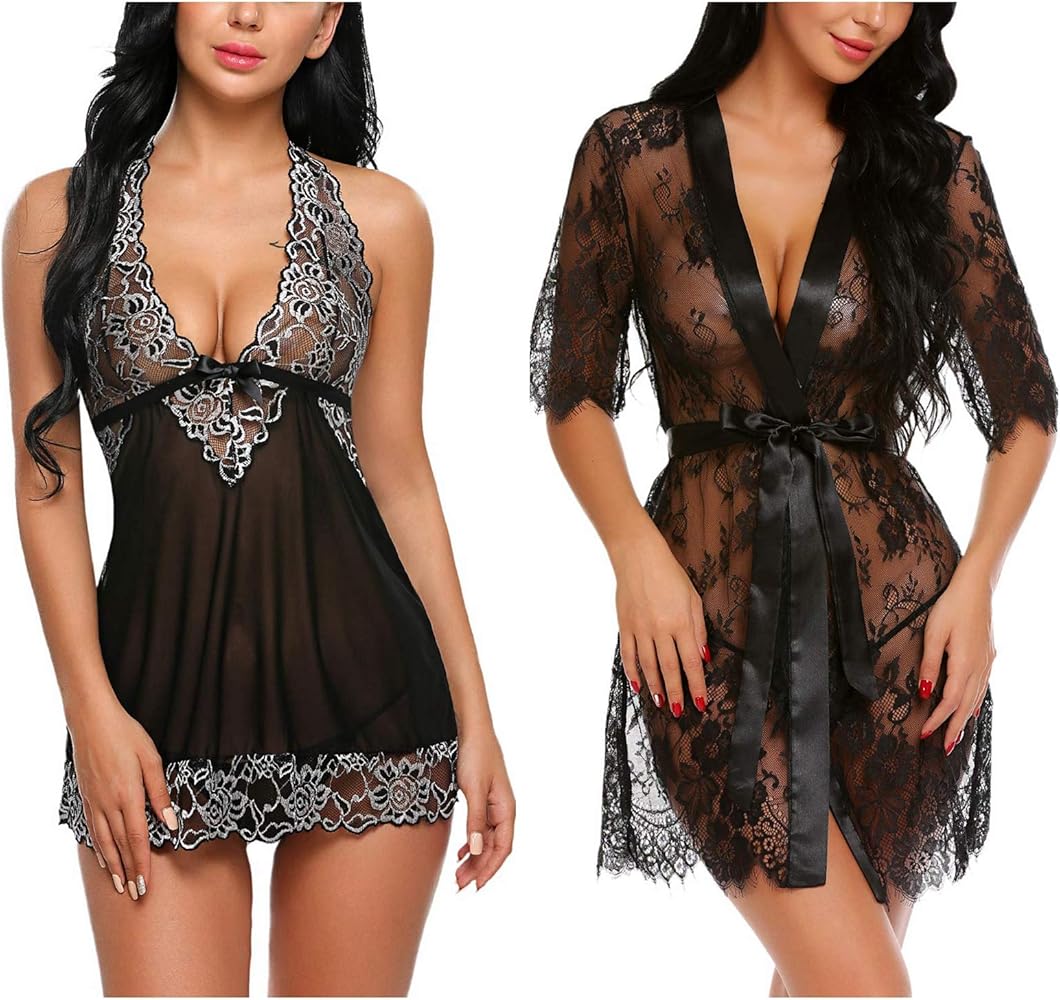 Avidlove Women Babydoll Lingerie(Black,Small) and Women Kimono Robe(Black,Small)