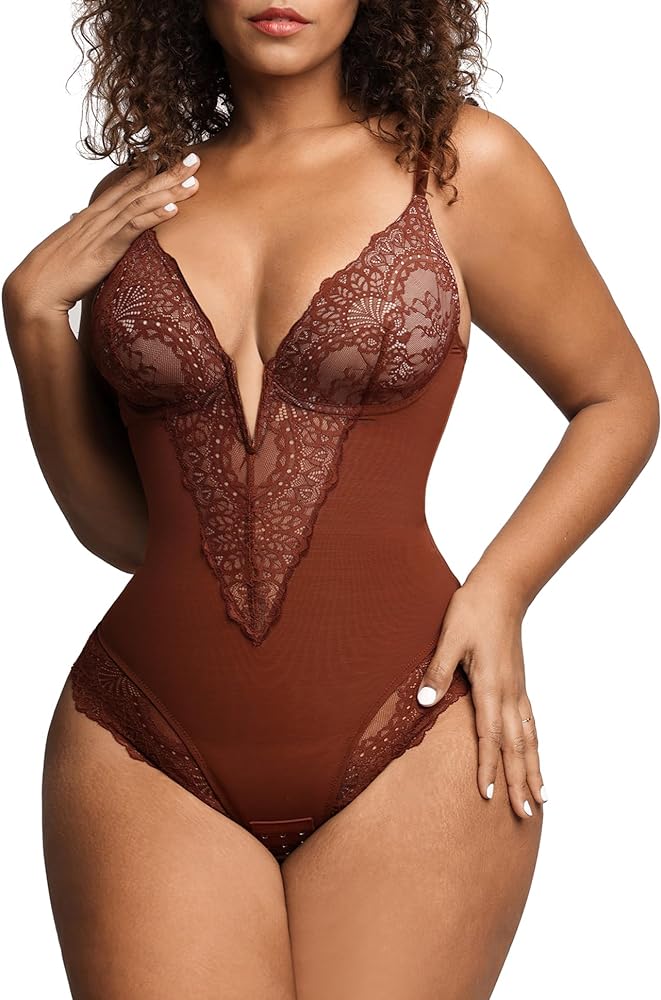 Popilush The Shapewear Bodysuit Tummy Control Lace Corset Tops V Neck Sleeveless Backless Body Suit Thongs