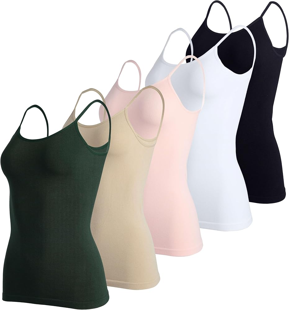 Real Essentials 5 Pack: Women's Ribbed Spaghetti Strap Camisole Seamless Tank Top