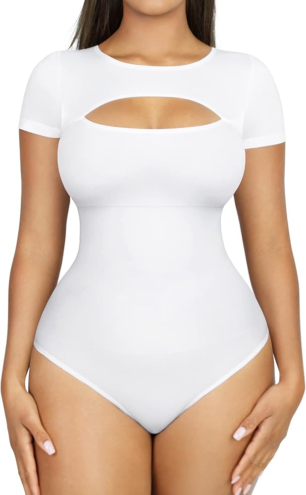 FeelinGirl Women's Cutout Front Short Sleeve Bodysuit Top Thong Shapewear for Women Tummy Control Going Out Body Shaper