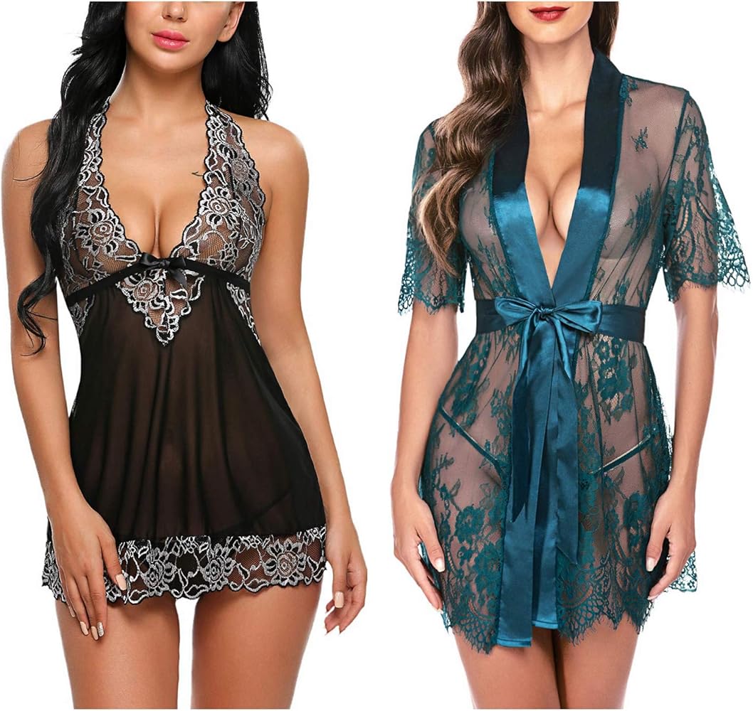 Avidlove Women Babydoll Lingerie(Black,X-Large) and Women Kimono Robe(Dark Green,X-Large)