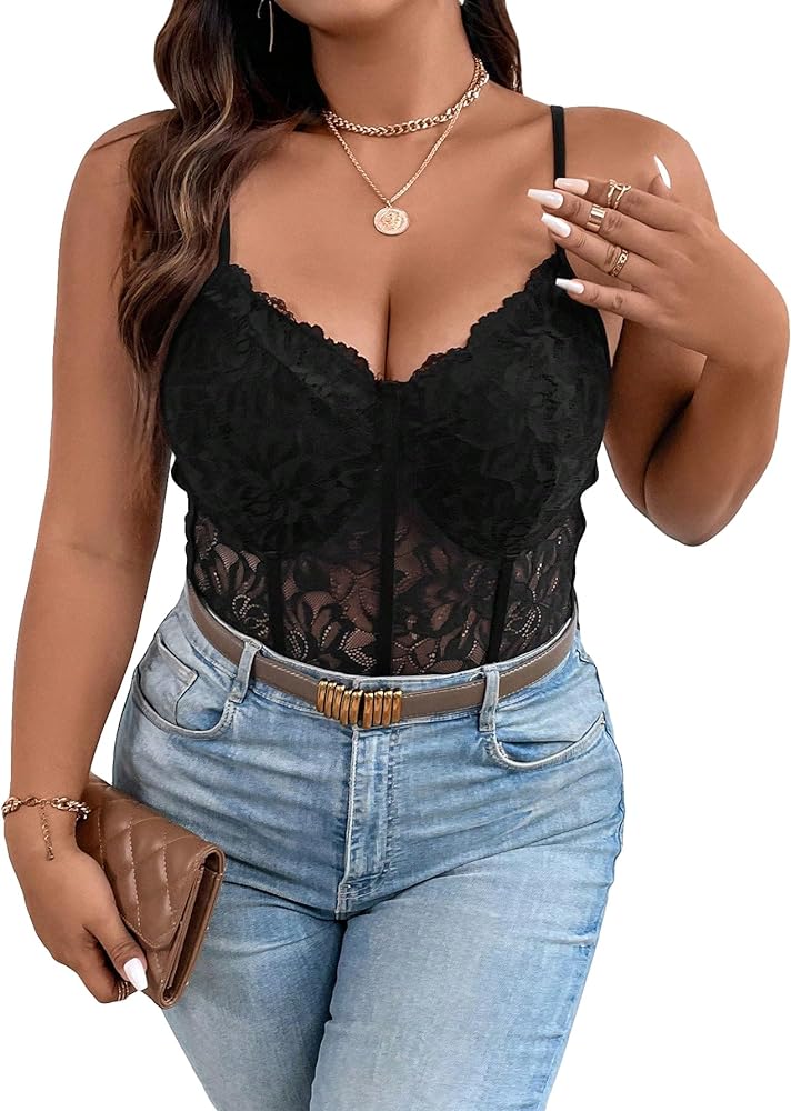 COZYEASE Women's Plus Size Lace Bustier Cami Bodysuit Sleeveless Sheer Mesh Corset Romper