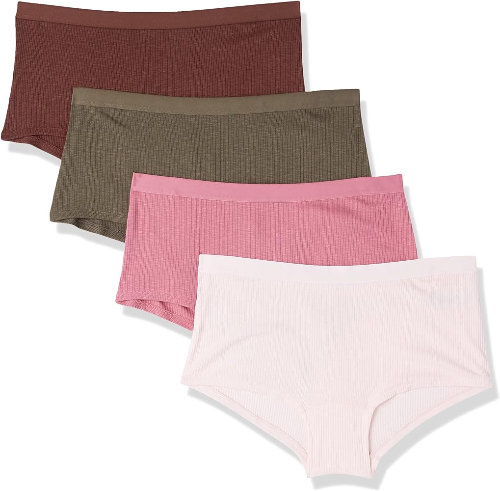 Amazon Essentials Women's Ribbed Boyshort Underwear, Pack of 4