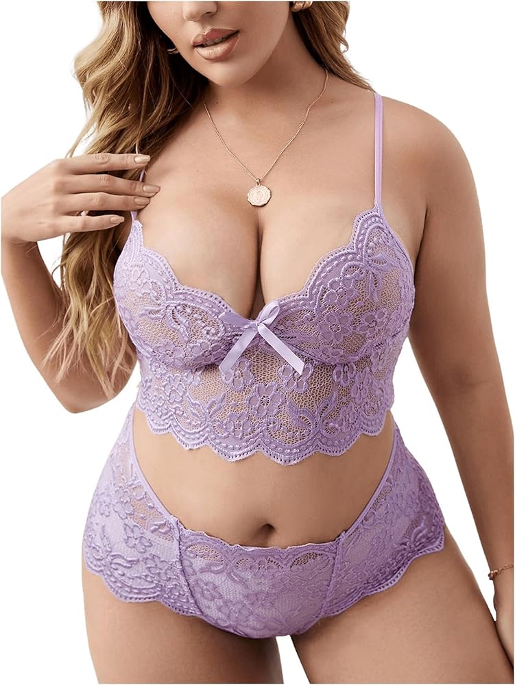 MakeMeChic Women's Plus Size 2 Piece Floral Lace Lingerie Sets Scallop Trim Bra and Panty Sets