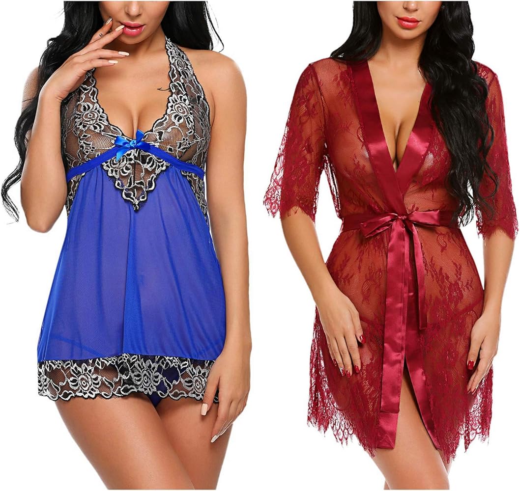 Avidlove Women Babydoll Lingerie(Blue,Medium) and Women Kimono Robe(Dark Red,Medium)