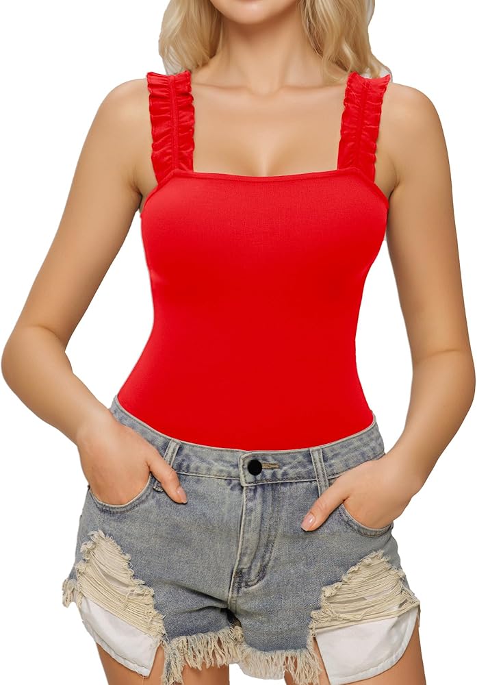 MANGOPOP Tank Tops Bodysuit for Women Square Neck Sleeveless Ruffle Elastic Straps body suit shirts