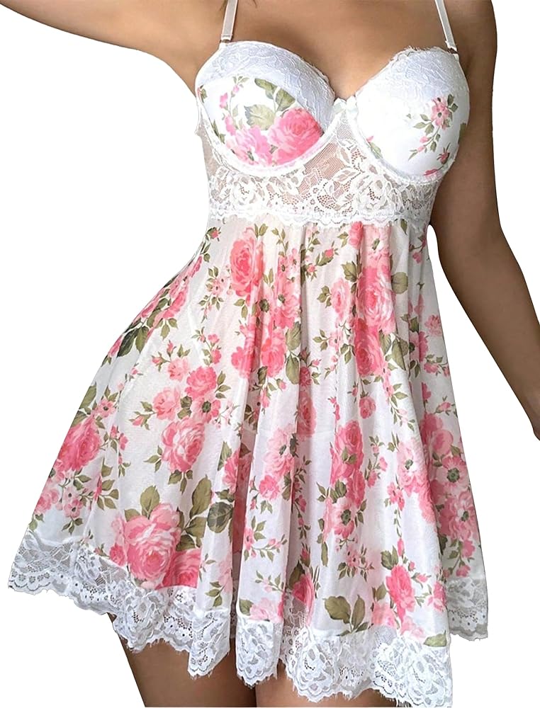 Women Lingerie Lace Babydoll Strap Chemise Halter Floral Sweetheart Neckline Sleepwear