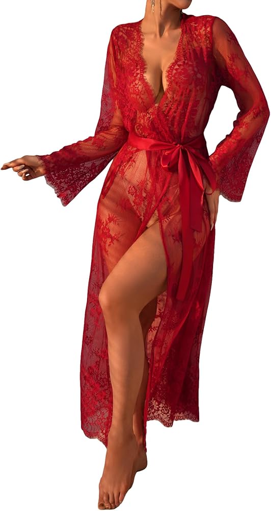 MakeMeChic Women's Floral Lace Belted Robe Babydoll Lingerie Mesh Kimono Sheer V Neck Nightgown