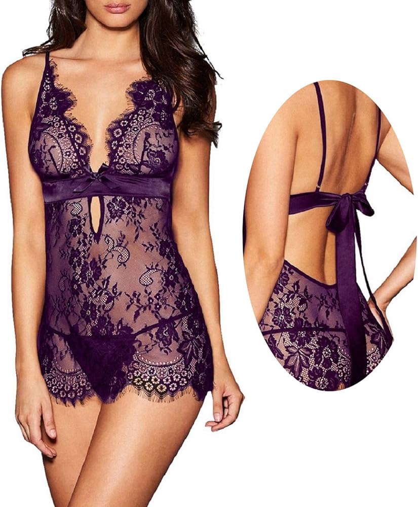 Women Sexy Lingerie Black Eyelash Lace Chemise Babydoll Nightwear