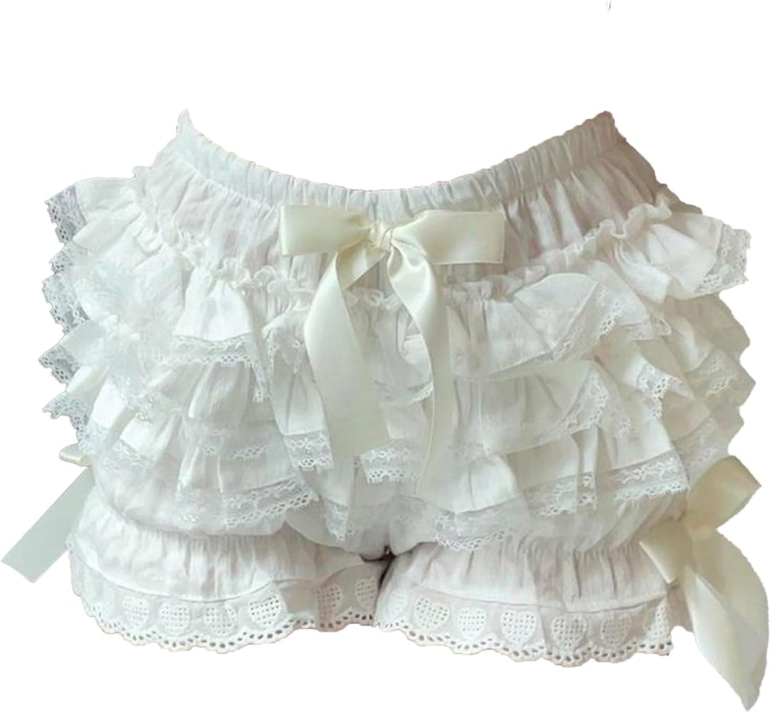 ACSUSS Womens Lace Trim Tiered Ruffle Bloomers Cute Bowknot Shorts for Theme Party Masquerade Role Play