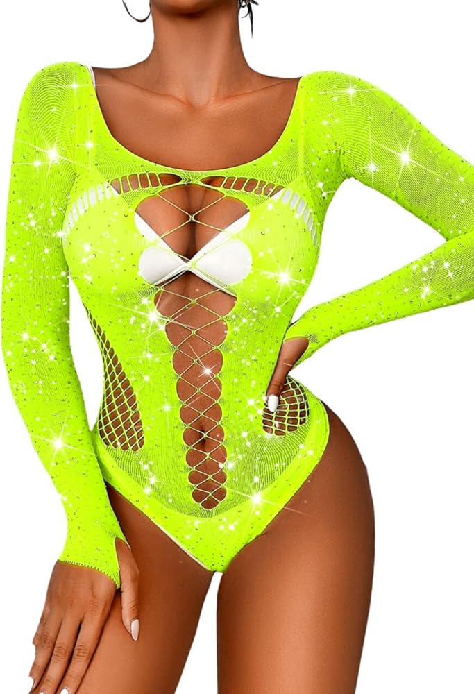 Kaei&Shi Rave Outfits For Women, Rhinestone Bodysuit Fits 0-16, Exotic Dancer Sexy Tops, Fishnet Stripper Plus Size Lingerie