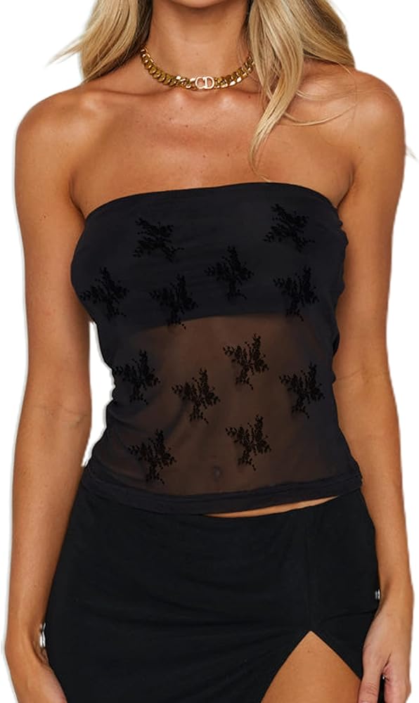 Women's Sexy Sheer Mesh Tube Top Strapless Bandeau Tops See Through Going Out Crop Top