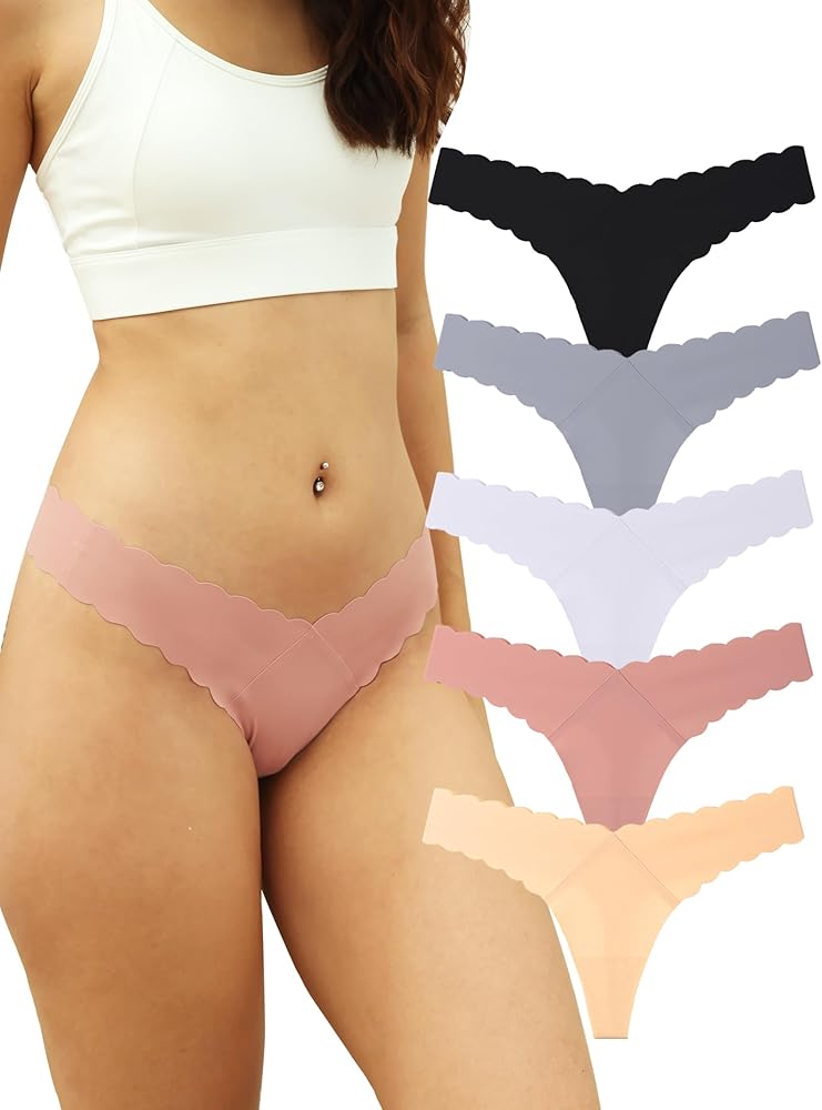 Bolivelan Women's Seamless Thong Low Rise Underwear No-Show Panty Lines Cotton Crotch Stretchy and Comfortable Panties 5 Pack