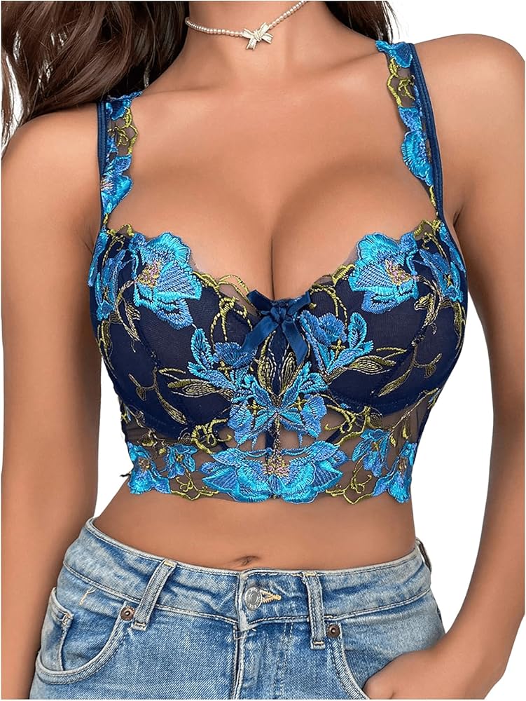 COZYEASE Women's Y2K Corset Floral Embroidery Underwire Bra Bow Front Camisole Bralettes Mesh Corset