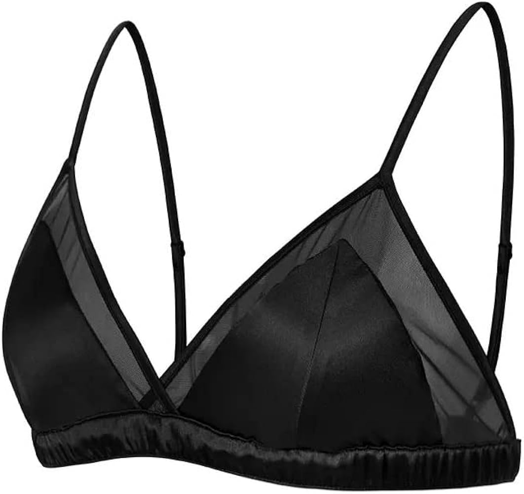 SilRiver Women's Satin Triangle Bralette Tops Silk Wirefree Bra mesh Cami Bra with Removable Pads