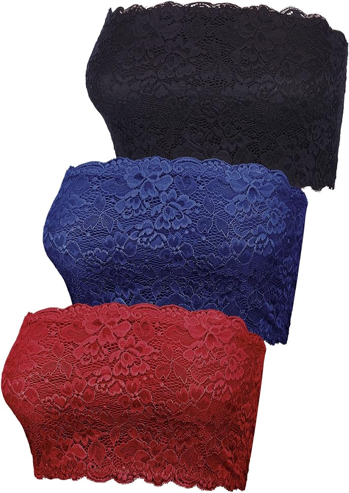 Boao 3 Pieces Women's Floral Lace Tube Top Bandeau Strapless Bras Seamless Stretchy Chest Wrap