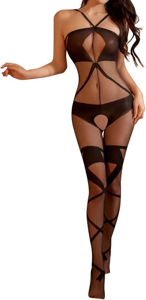 Women Babydoll Stretchy Fishnet Bodystocking Lingerie Floral Bodysuit Sleepwear for Women Jumpsuit Crisscross Hollow Out