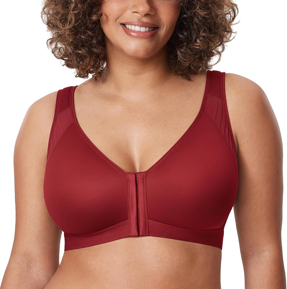 DELIMIRA Women's Full Coverage Front Closure Wire Free Back Support Posture Bra