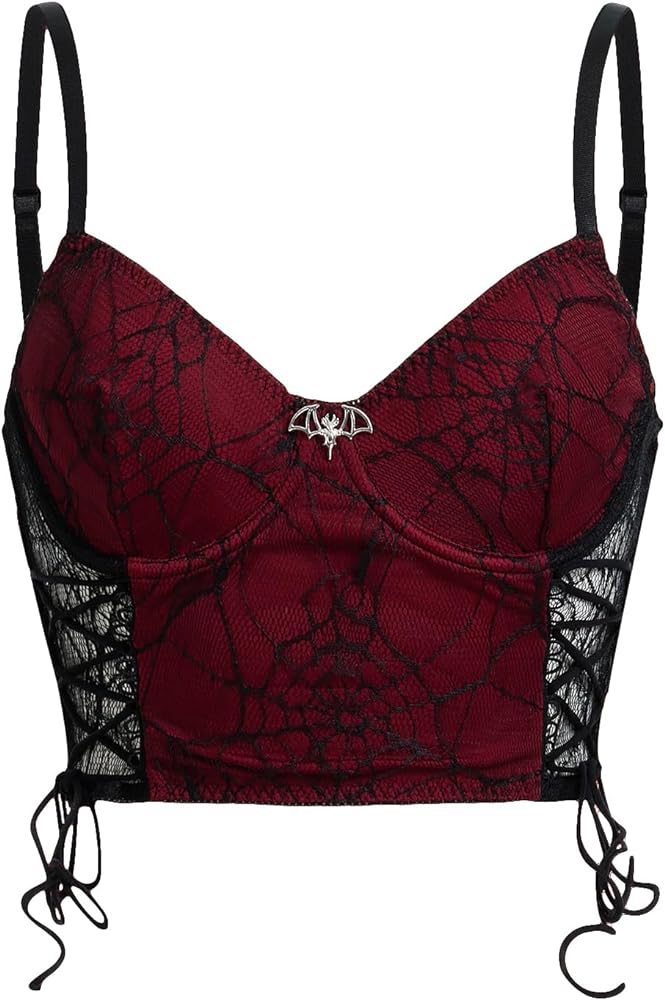 SOLY HUX Women's Sexy Goth Lace Trim Mesh Bra Spaghetti Strap Longline Bralette Bras