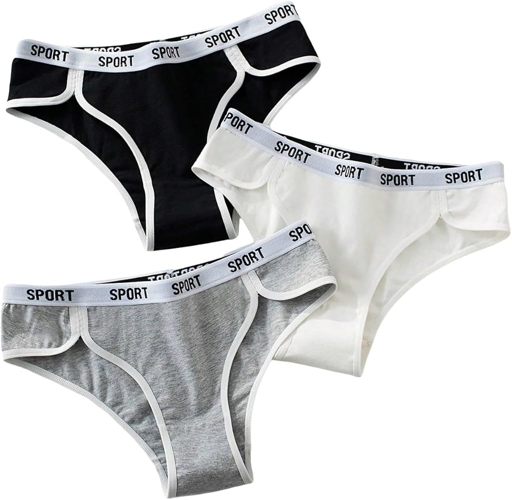 Verdusa Women's 3 Pack Contrast Binding Briefs Letter Print Underwear Panties Bikini