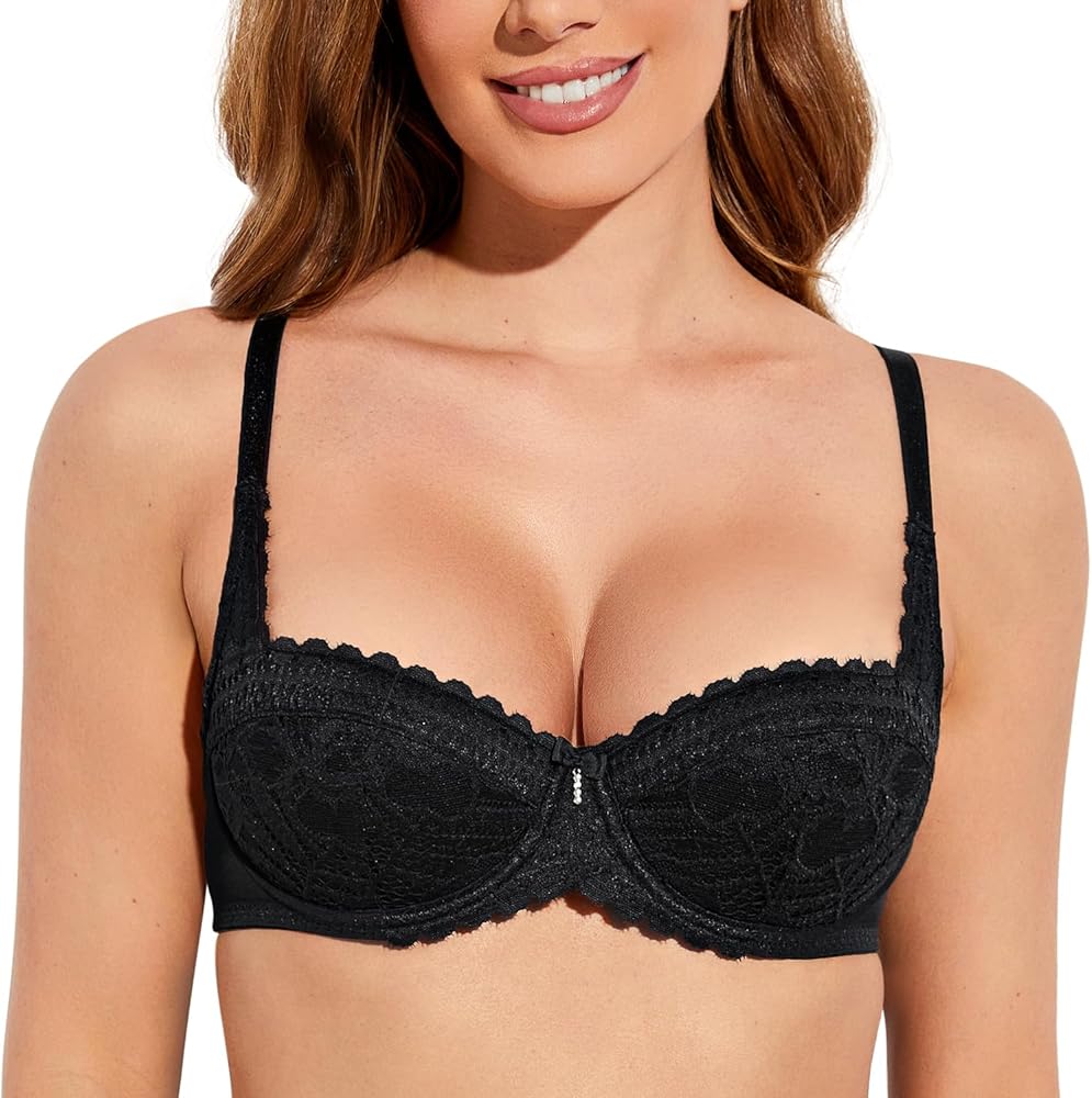 Deyllo Women's Balconette Push Up Bra Sexy Lace Lightly Padded Bra Underwire Demi Bras