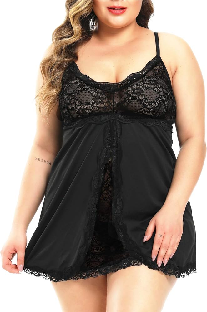 FlatterMe Plus Size Lingerie for Women Lace Babydoll Split Mesh Chemise V Neck Backless Halter Sleepwear