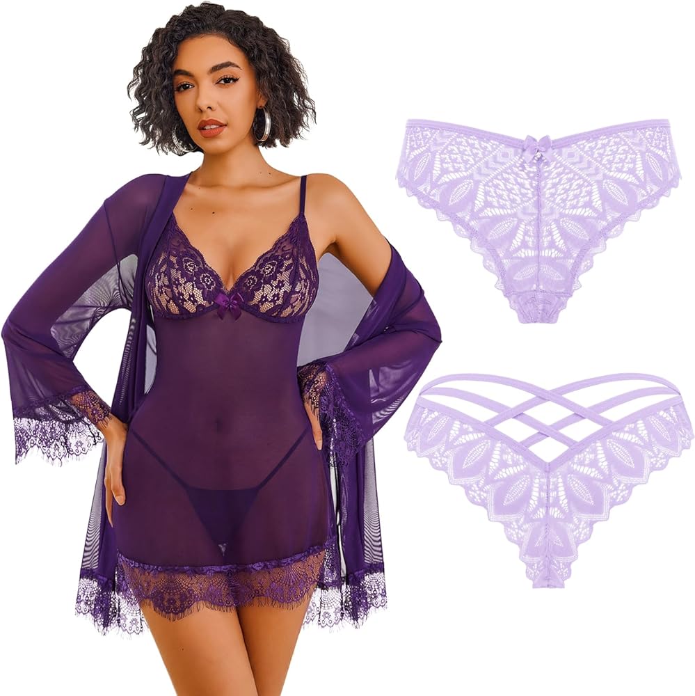 Avidlove Mesh Robe Sets Lace Babydoll Lingerie Dress with Panty(Purple, L)