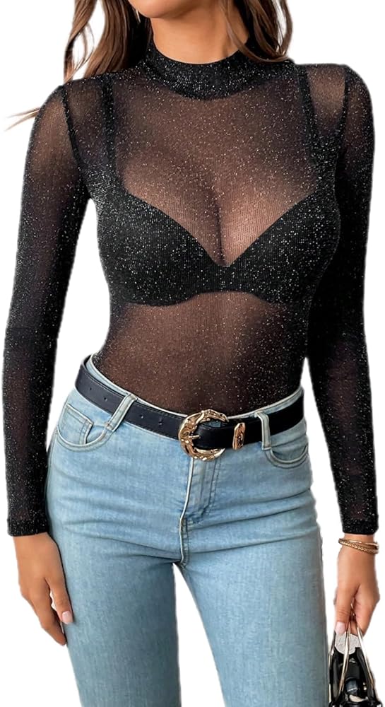 MakeMeChic Women's Glitter Sheer Mesh See Through Long Sleeve High Neck Bodysuit Shirt Top