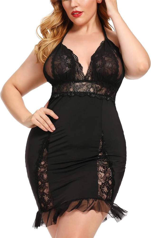 Women's Plus Size Lingerie Halter Cross straps Babydoll Lace Trim Chemise Sleepwear