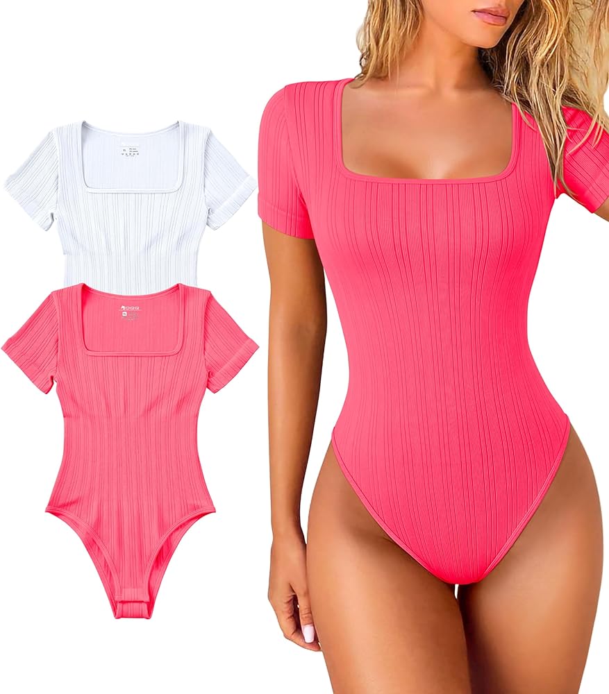 OQQ Women 2 Piece Bodysuits Short Sleeve Square Strech Basic Shirts Bodysuits