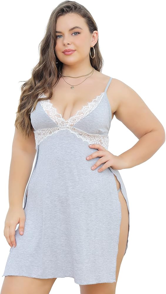 Queenfox Plus Size Babydoll Lingerie for Women Sexy Nightgowns Side Slit Sleepwear V-Neck Babydoll Dress Lace Chemise