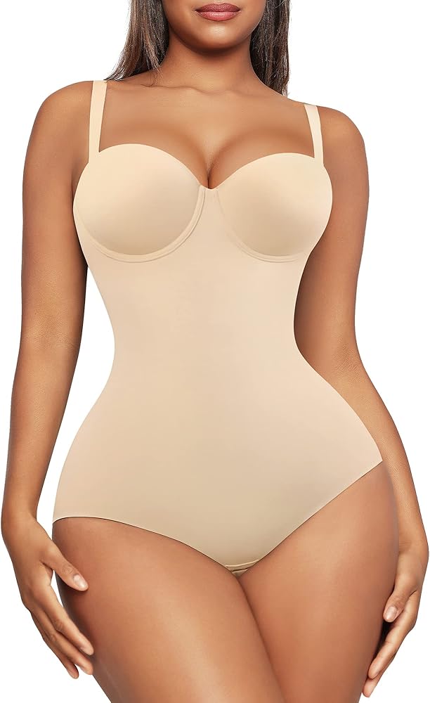 FeelinGirl Shapewear Bodysuit for Women Tummy Control Body Shaper Seamless Shapewear Cupped with Removable Straps