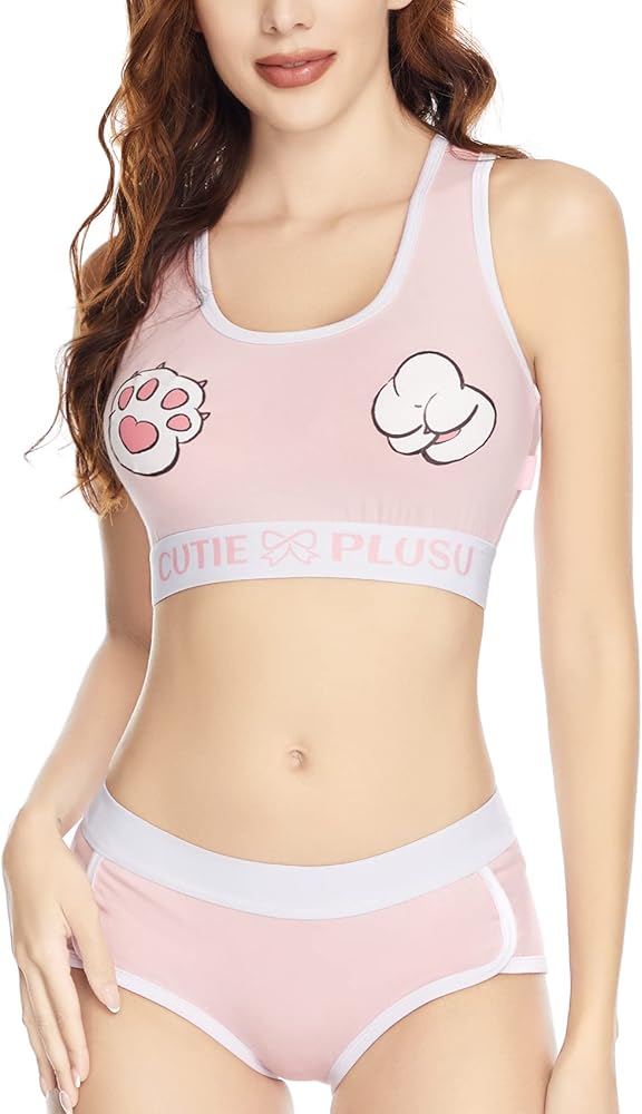 CutiePlusU Women Cotton Unlined Bralette Set- Lovely Cat's Paws